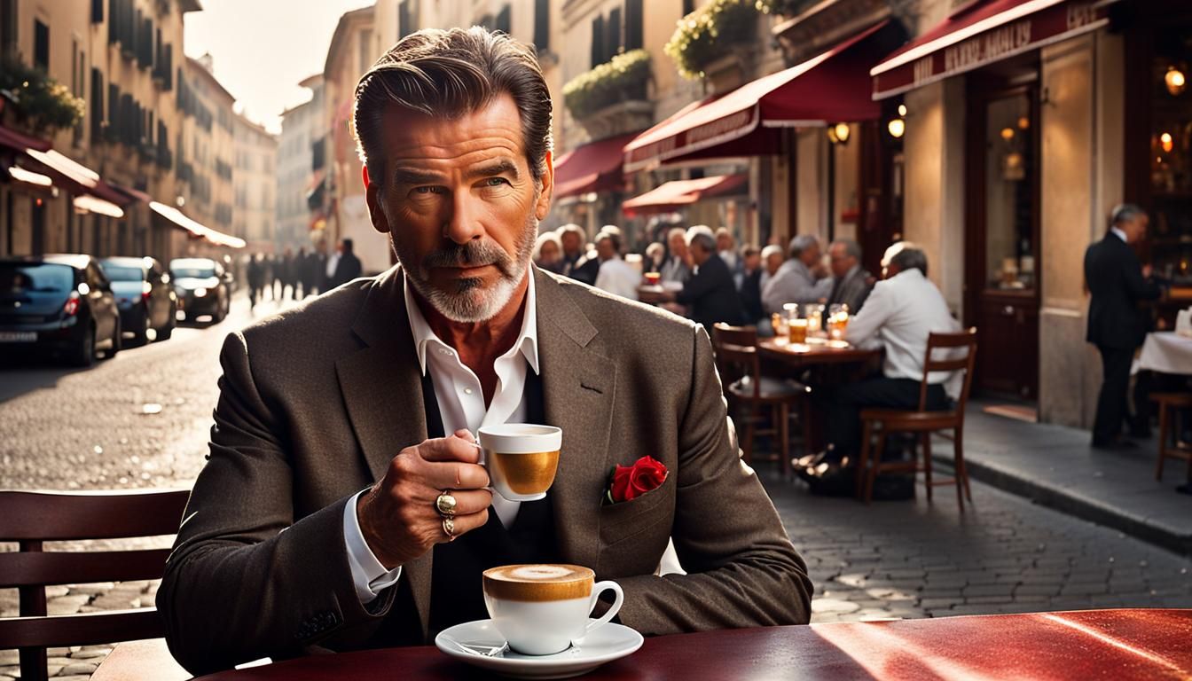 Pierce Brosnan Enjoying Coffee on Italian Street