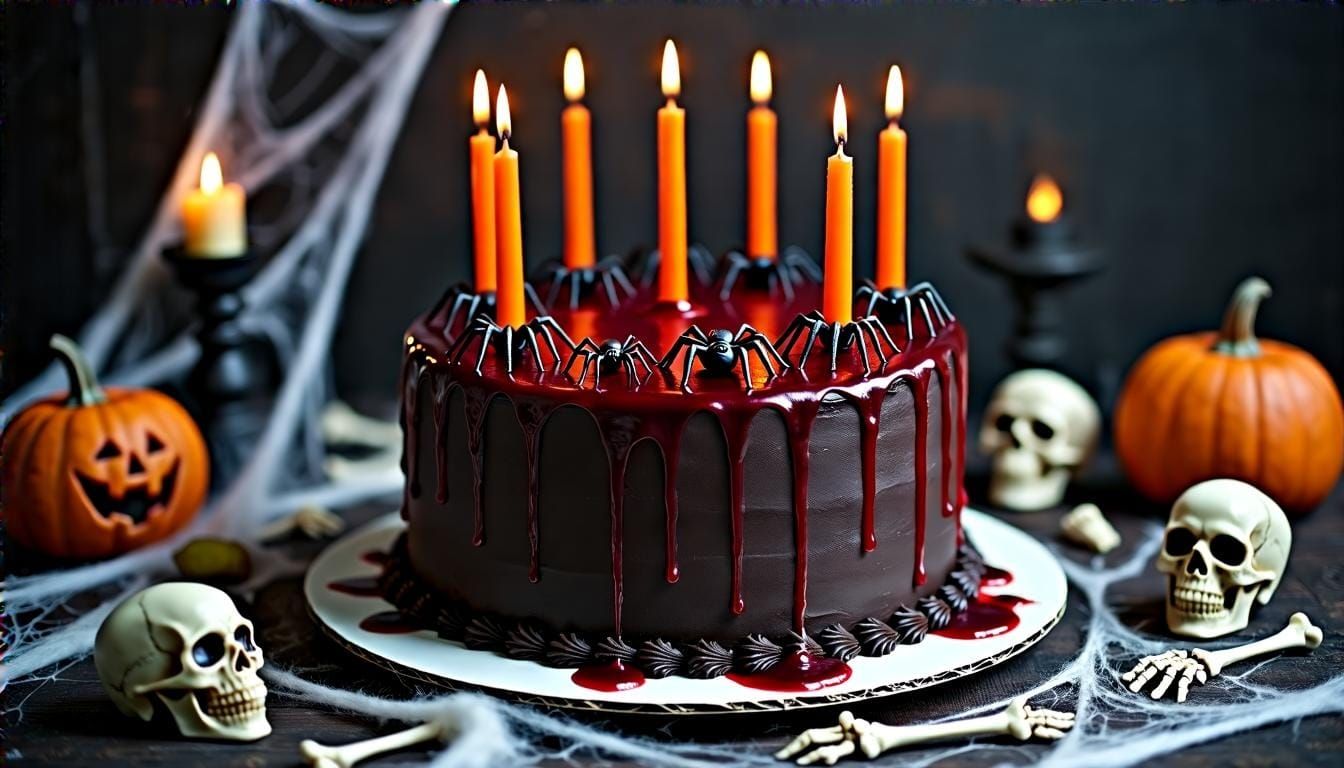Murder Mansion Chocolate Birthday Cake with Spiders and Skul...