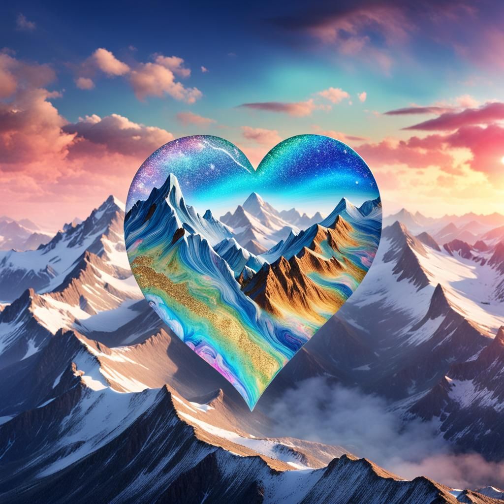 Opalescent Heart with Mountain Range in 3D