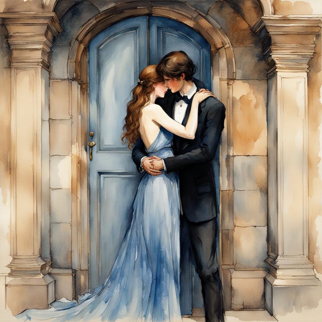 Lovers Embrace in Castle Doorway: Watercolor Art