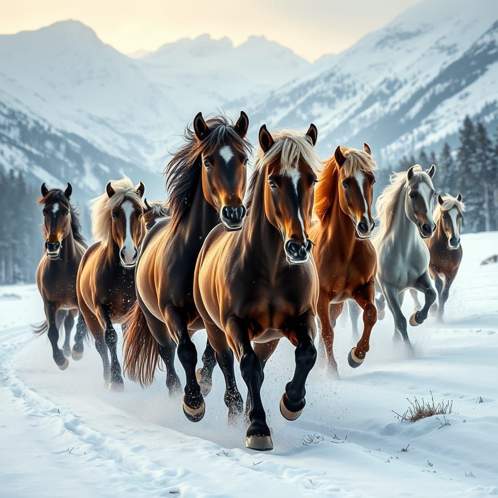 Welsh Ponies Escape Avalanche: Hyperdetailed Art Nouveau