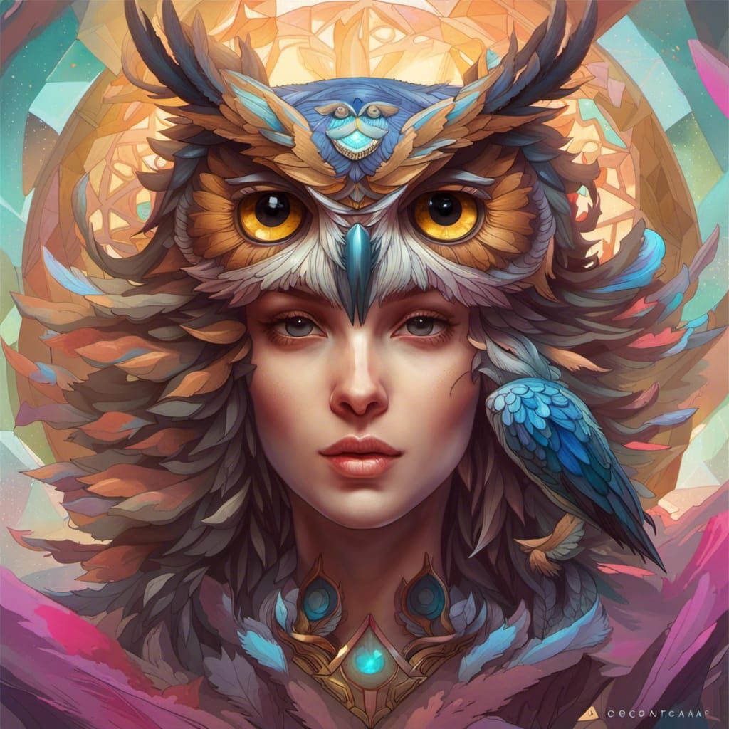 Majestic Owl Goddess Portrait in Hyperdetailed Style