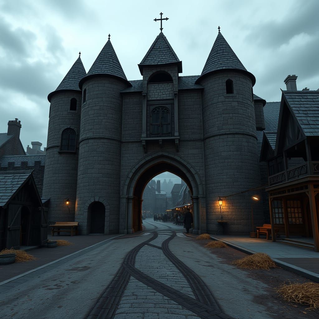 Medieval Gatehouse at Dusk in 3D Style