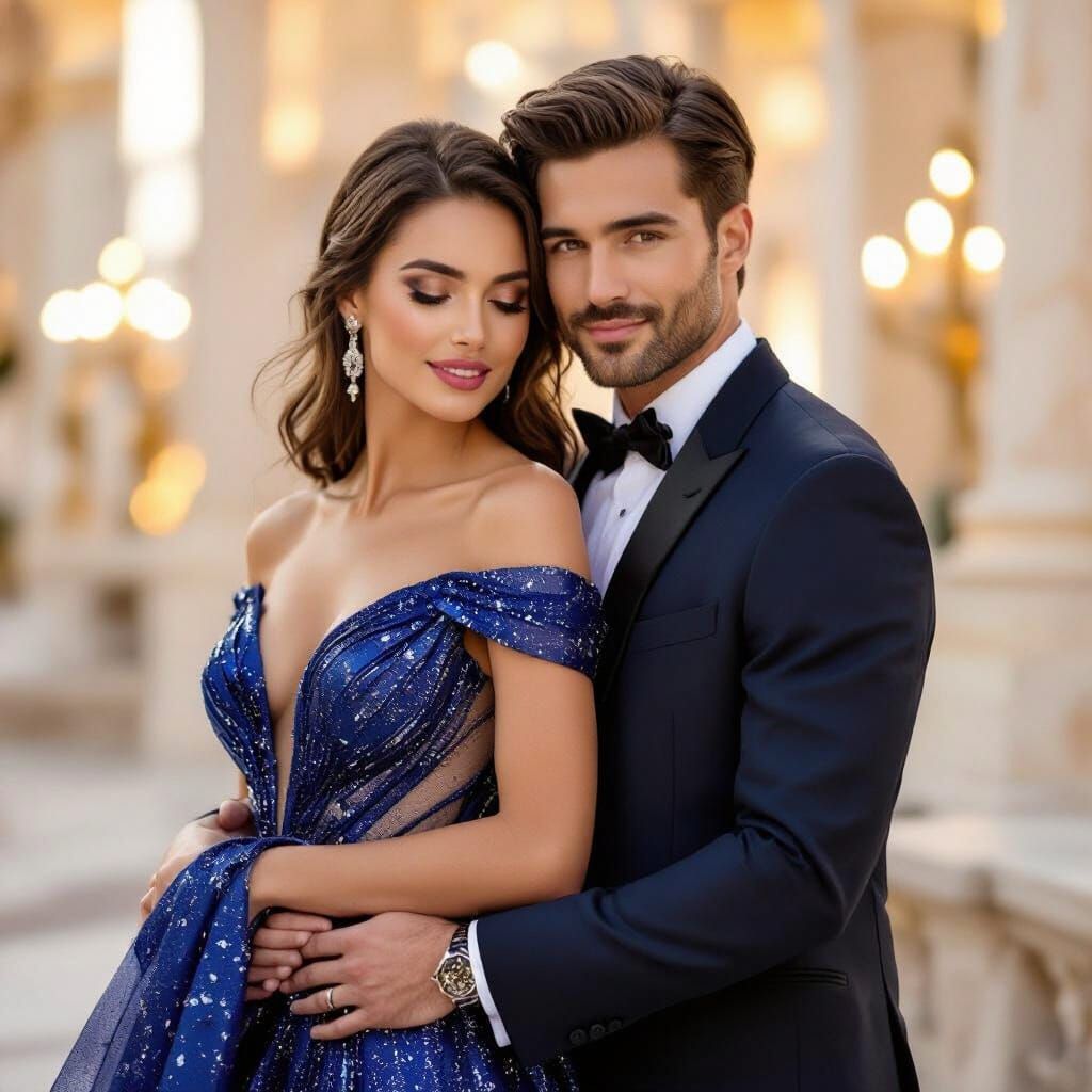 Couple Embraces in Glamorous Evening Attire