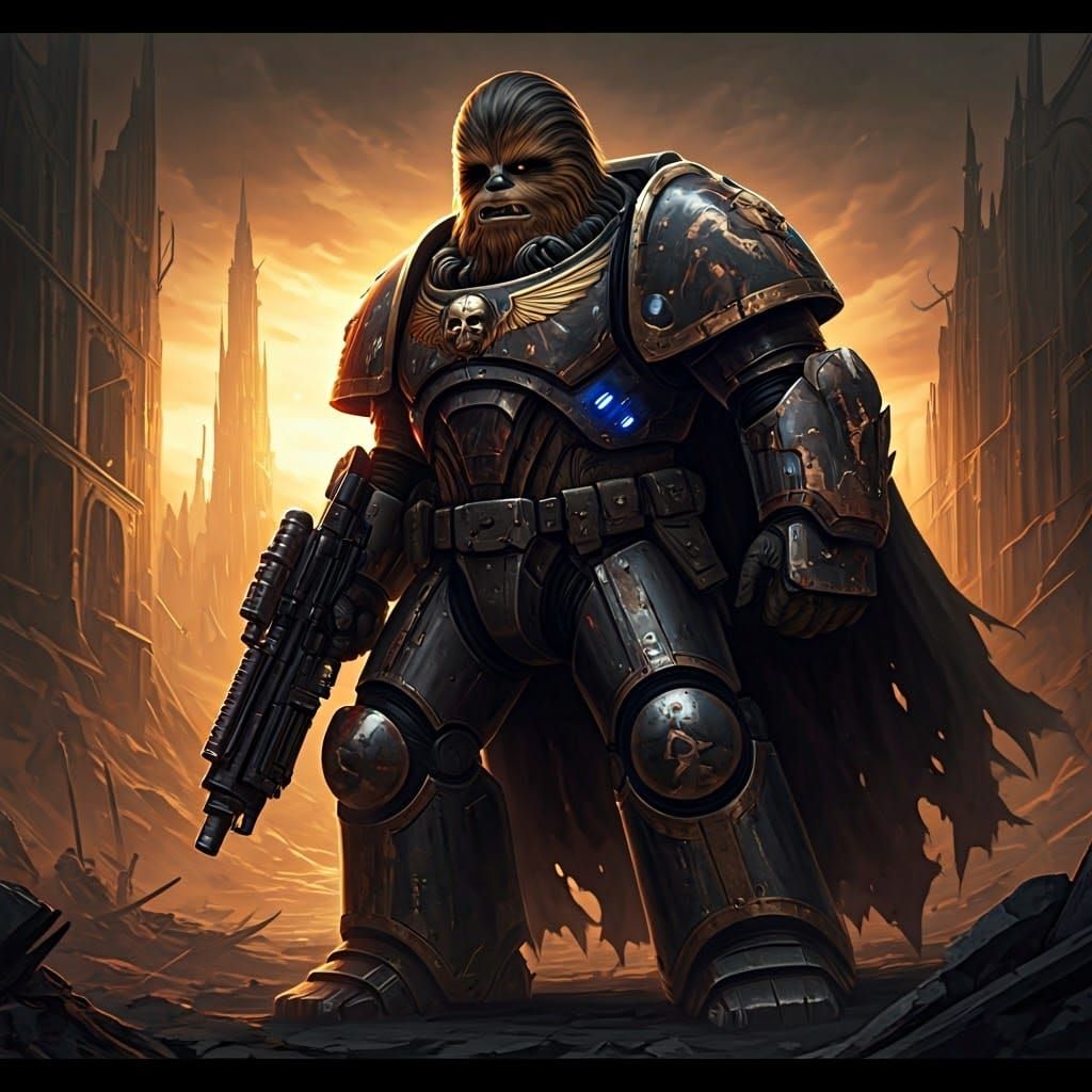 Armored Wookiee Survivor in Grim Sci-Fi Landscape