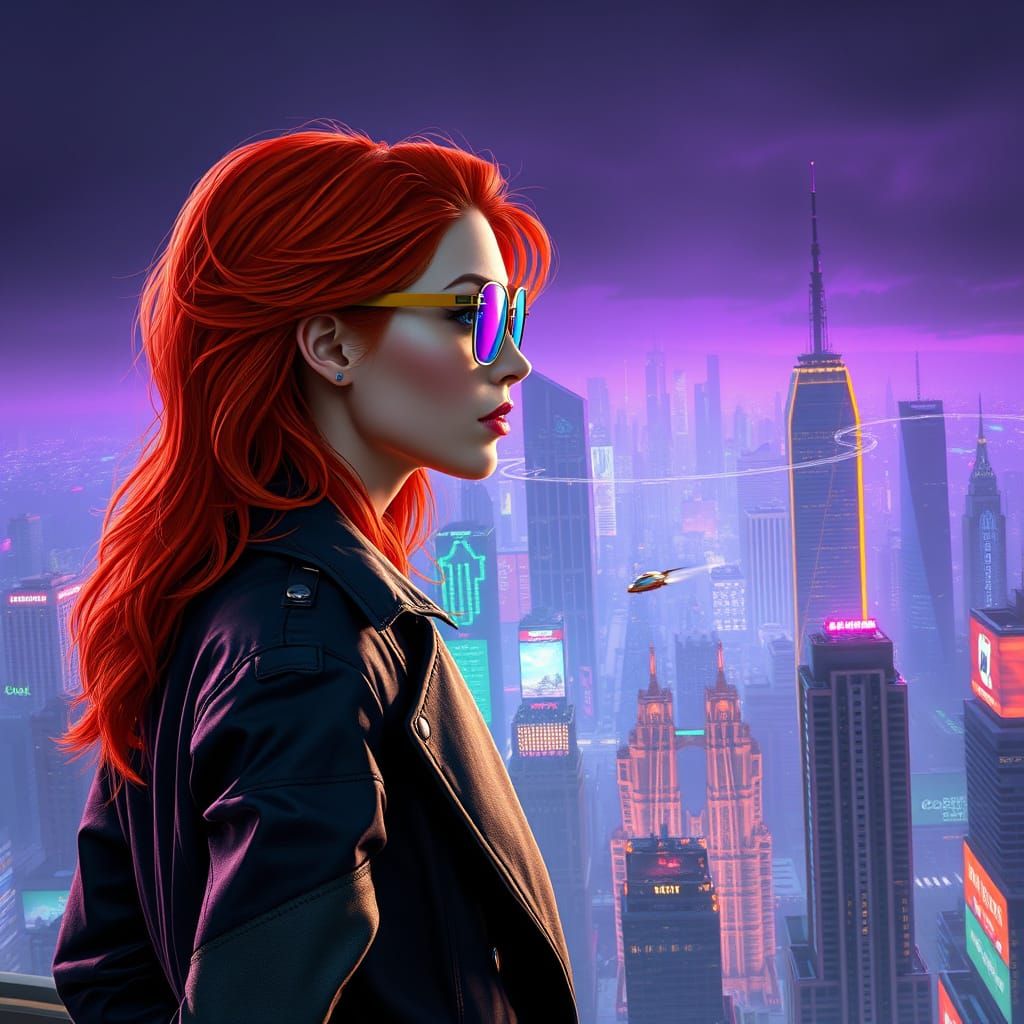 Cyberpunk Goddess Contemplates Neon Metropolis