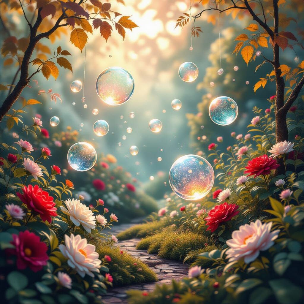 Magical Realism Garden Art With Floating Orbs and Floral Cre...