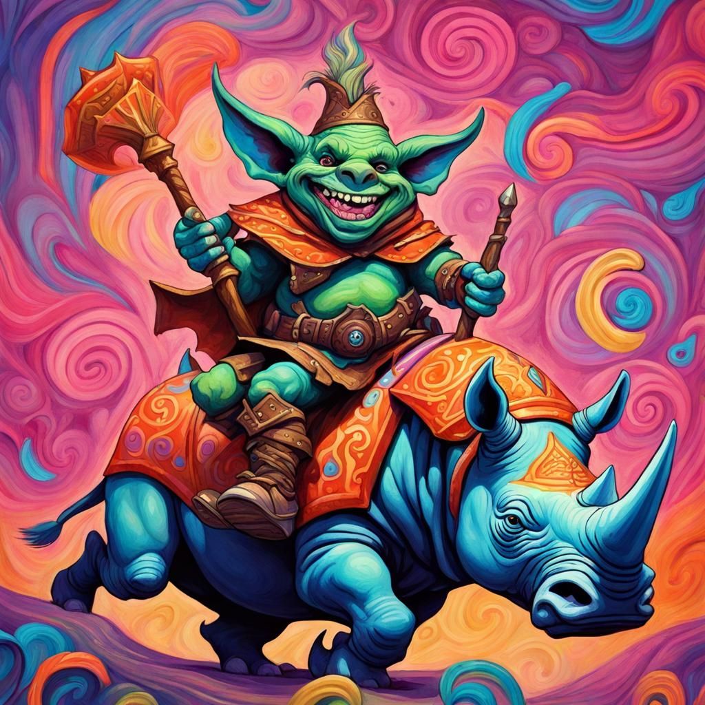 Goblin Warrior Rides Rhino in Candyland Gouache