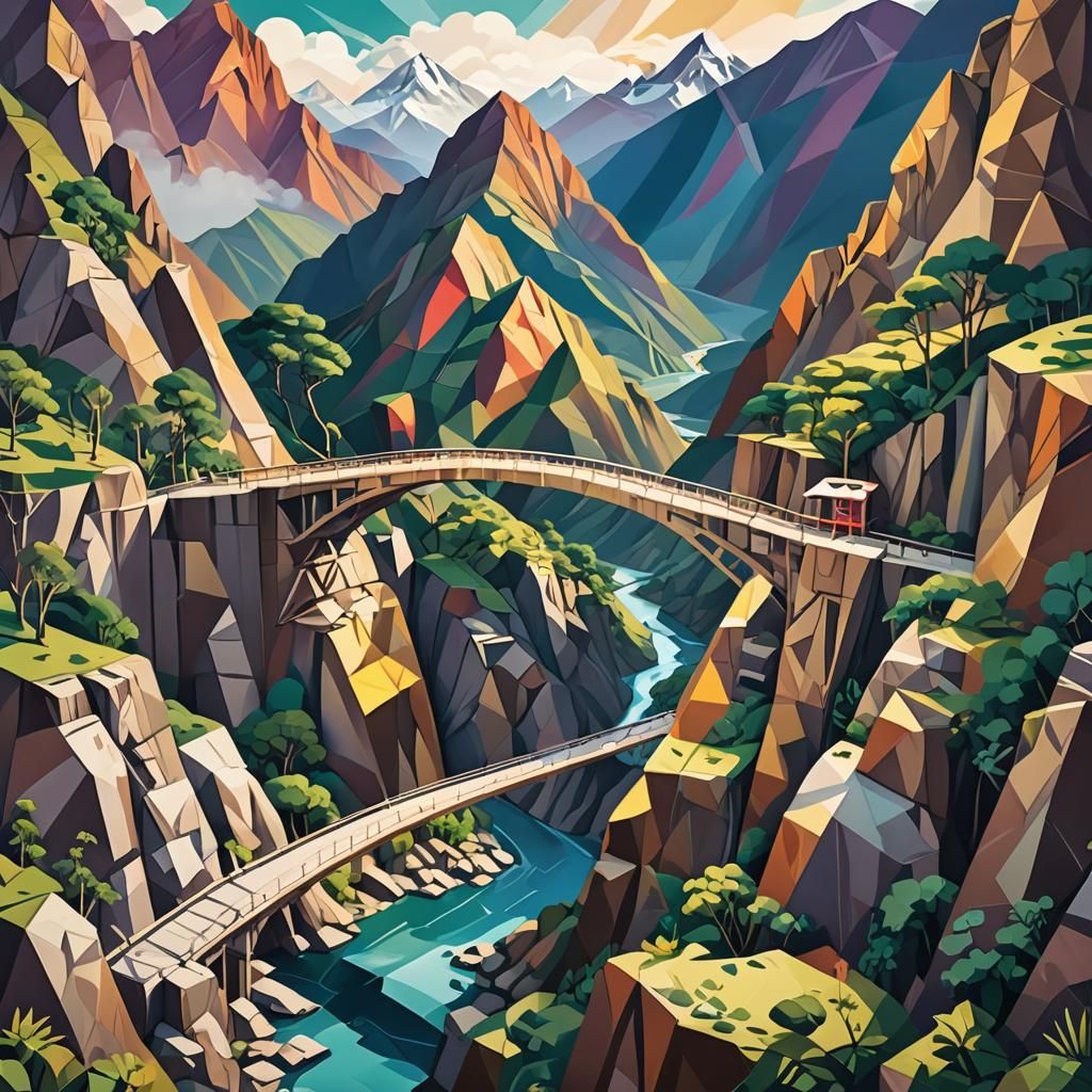 Andean Bridge in Cubist Geometric Fauvism Style