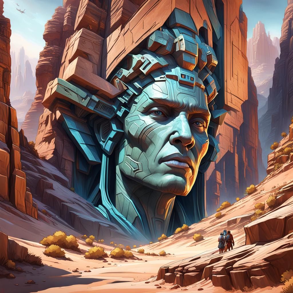 Alien Canyon With Carved Faces and Ancient Ruins