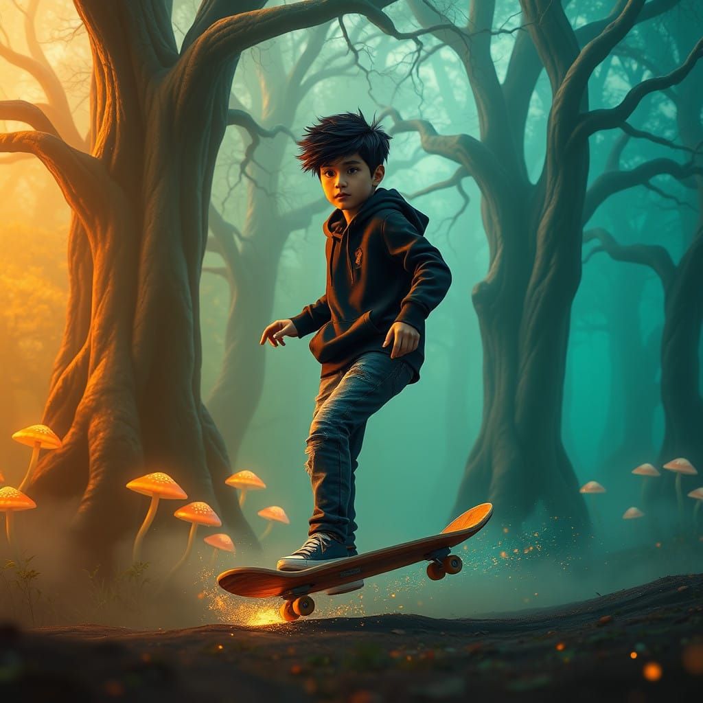 Mystical Forest Rider in Vibrant, Matte Painting Style