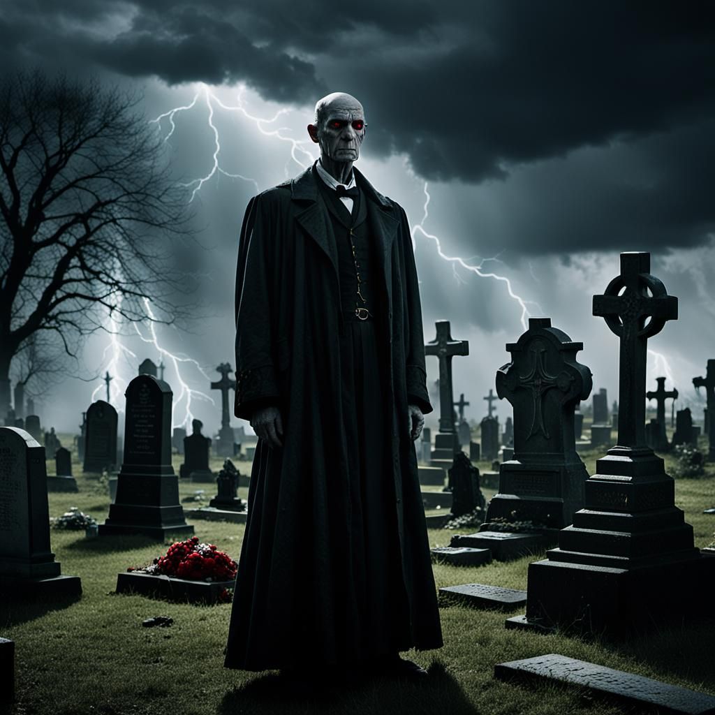 Eerie Figure in Stormy Cemetery, Cinematic Still