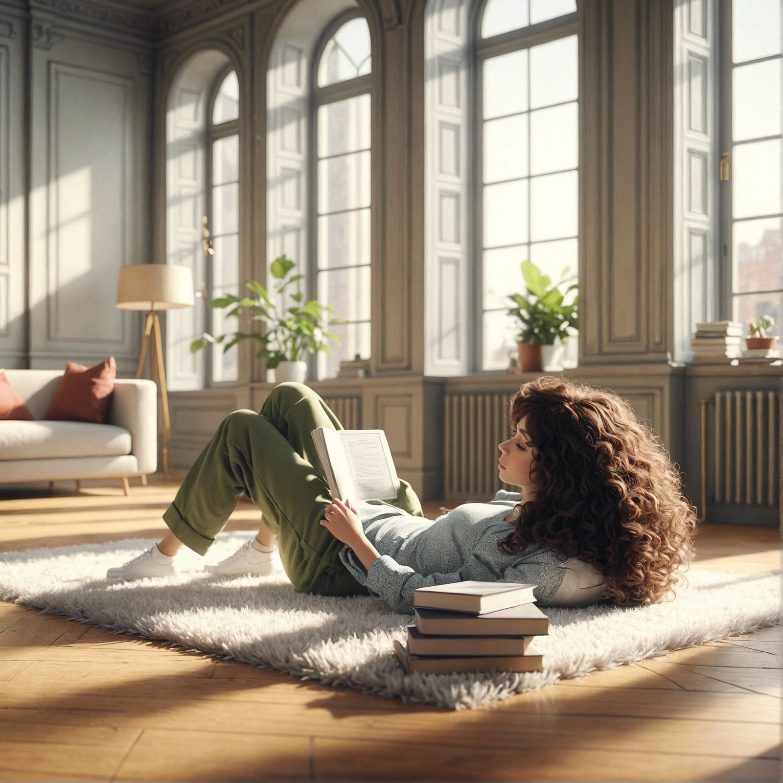 Hispanic Woman Lounging in Sunlit Room CGI Style
