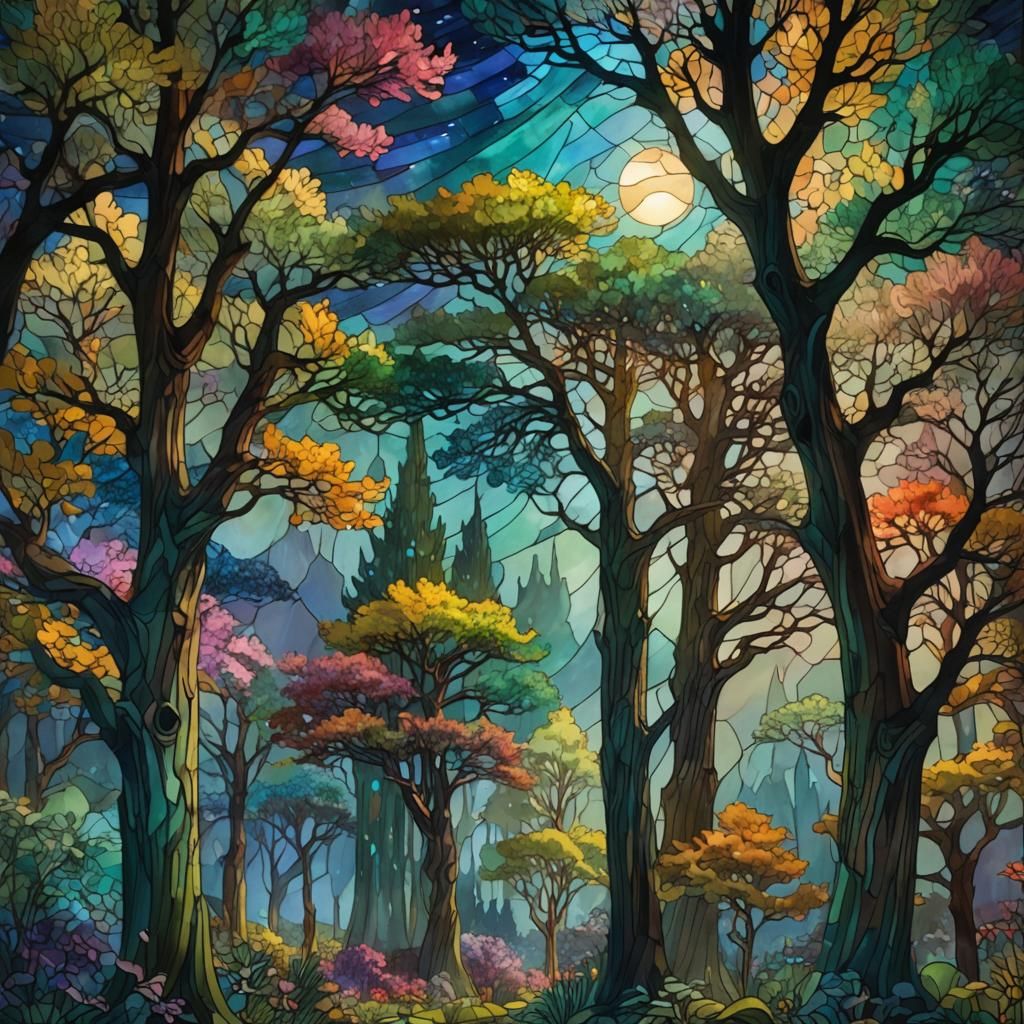 Stained Glass Cypresses in Moonlit Garden