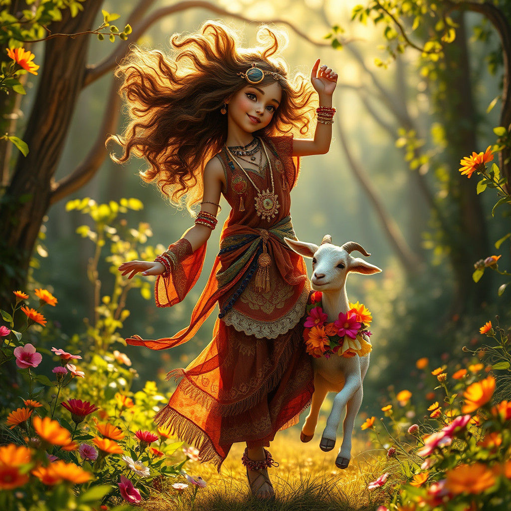 Whimsical Gypsy Girl Enchants Mystical Forest with Playful B...