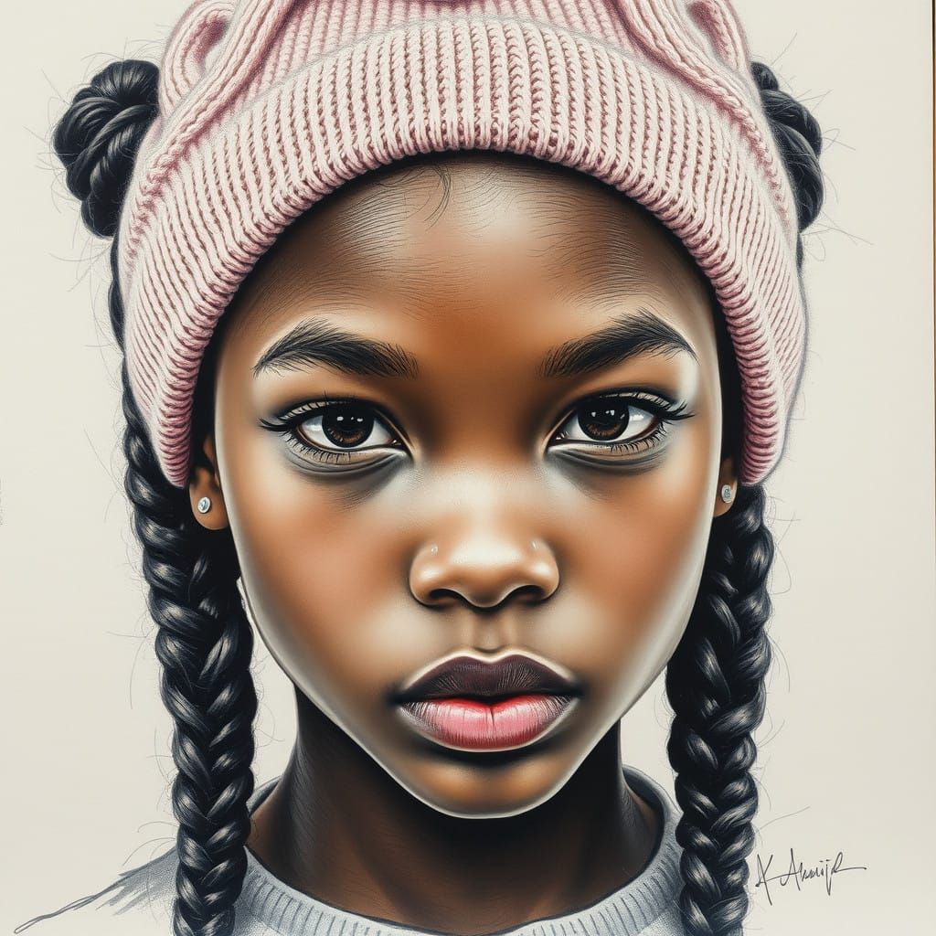 Young Woman with Braided Hair and Pastel Pink Beanie in Char...