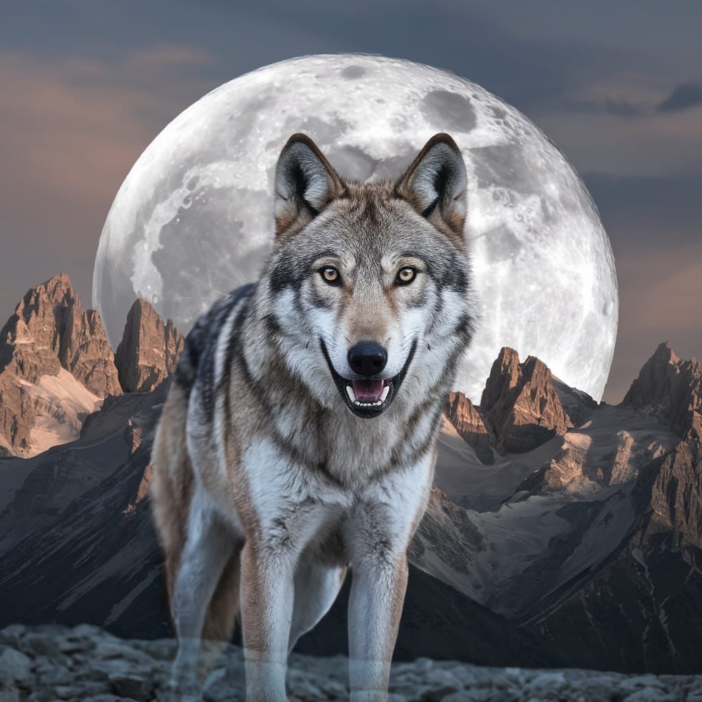 Wolf Bares Teeth Before Jagged Mountain Peaks