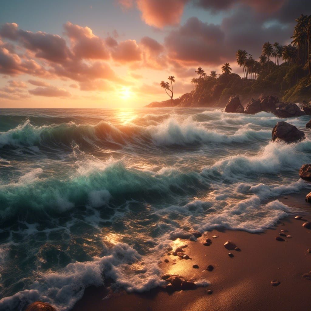 Sunset Beach Waves in Hyperrealism Style