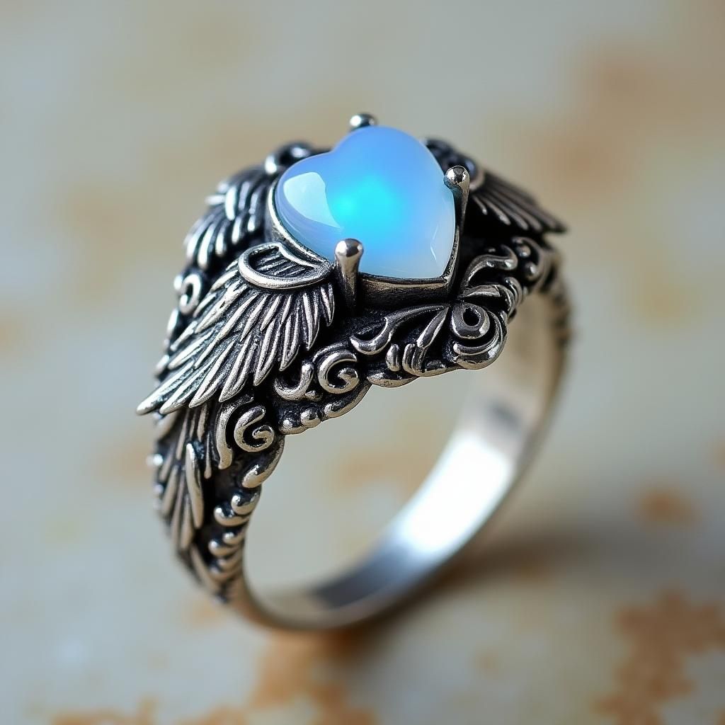 Winged Silver Ring with Moonstone Heart in Art Nouveau Style