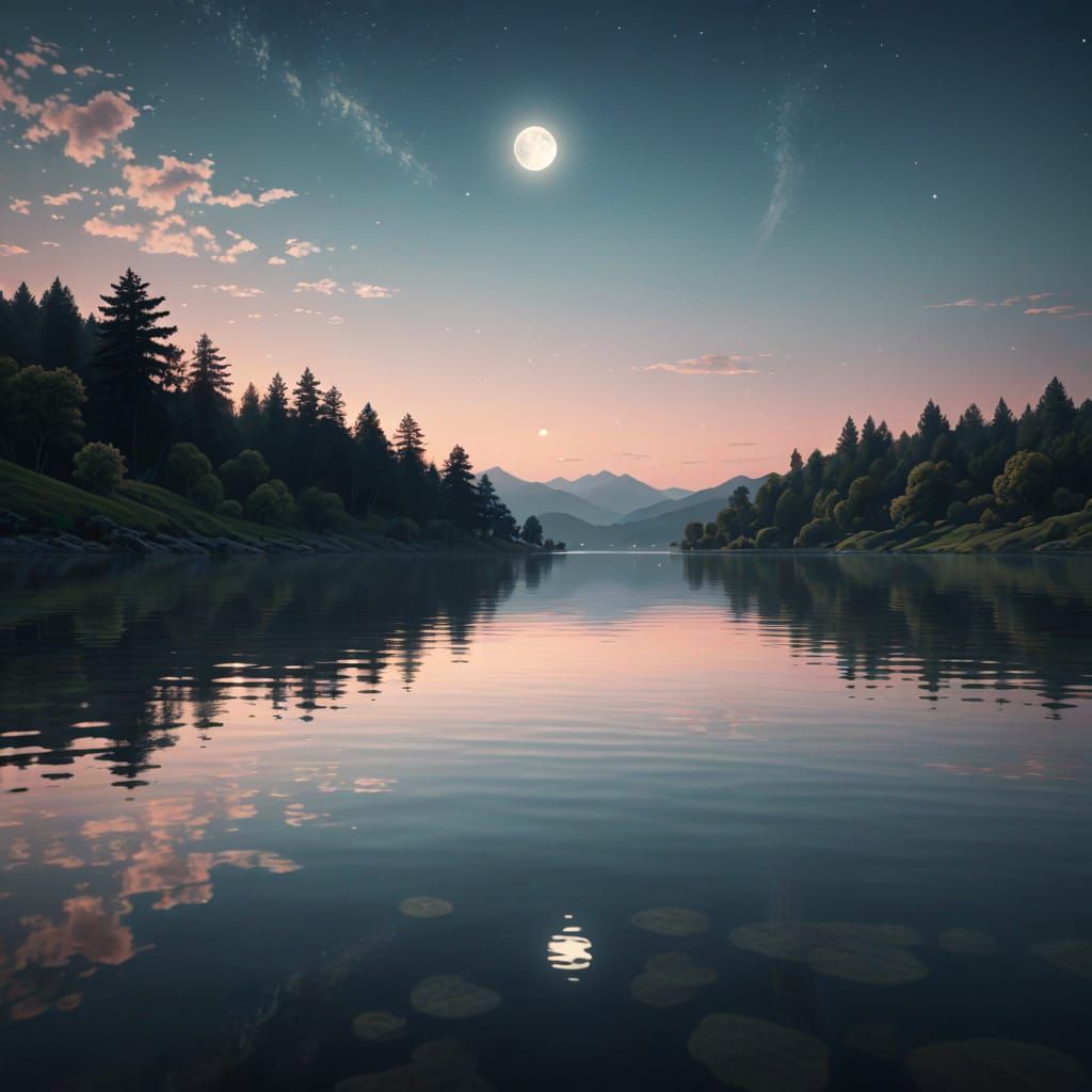 Surreal Lake Scene at Dawn in Soft Pastel Hues