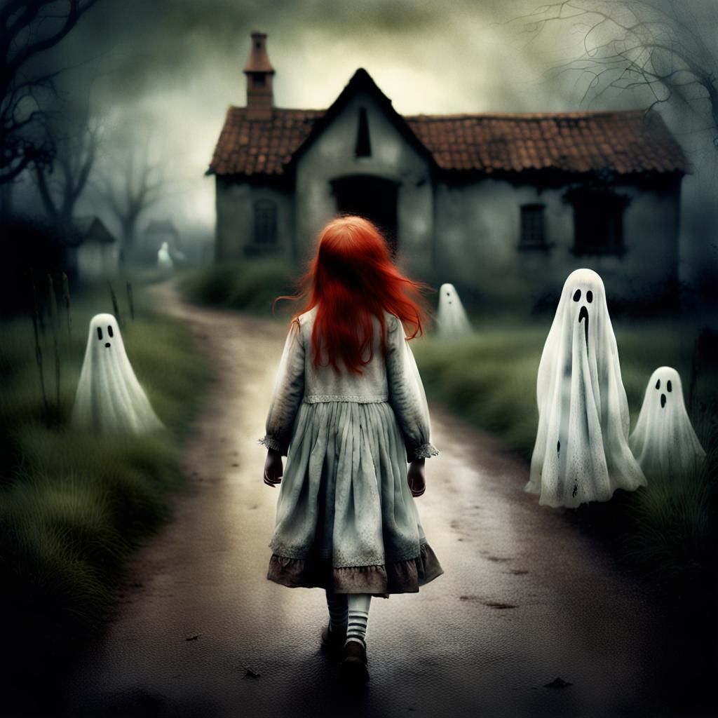 Eerie Village Scene with Red-Haired Girl and Ghosts