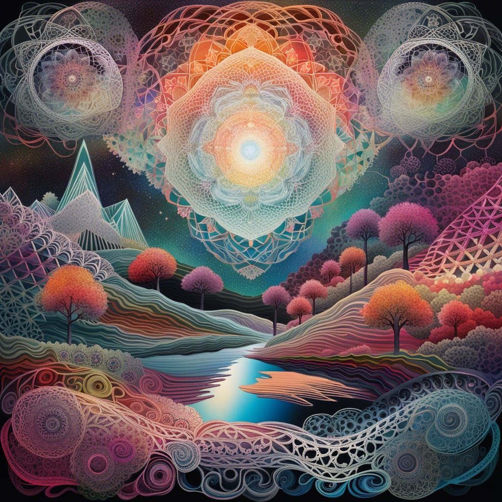 Celestial Threads Weaving Subconscious Realms in Monochromat...