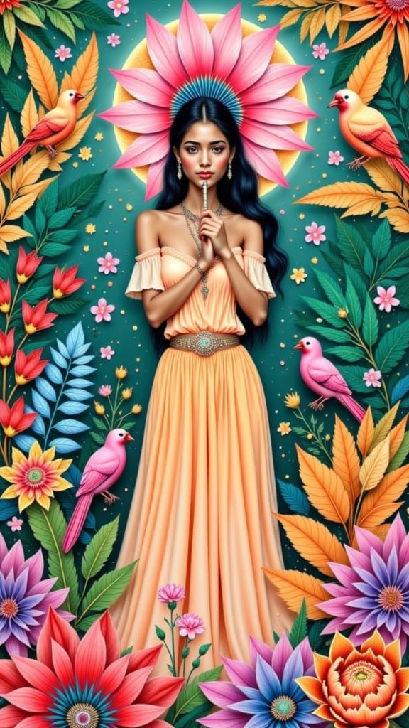 Brazilian Flutist in Vibrant Forest, Ink Drawing