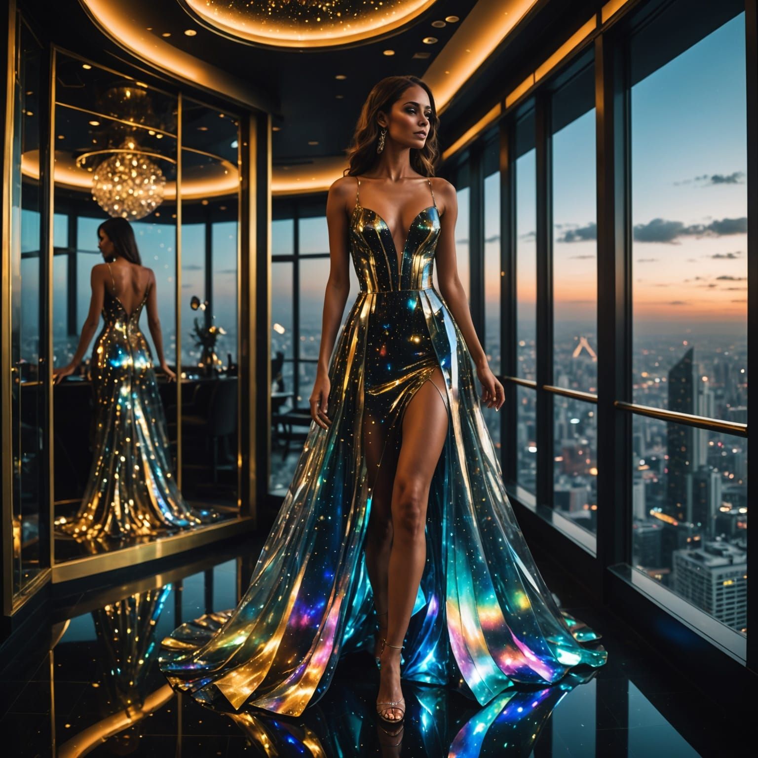 Elegant Glass Dress in Futuristic Nightclub