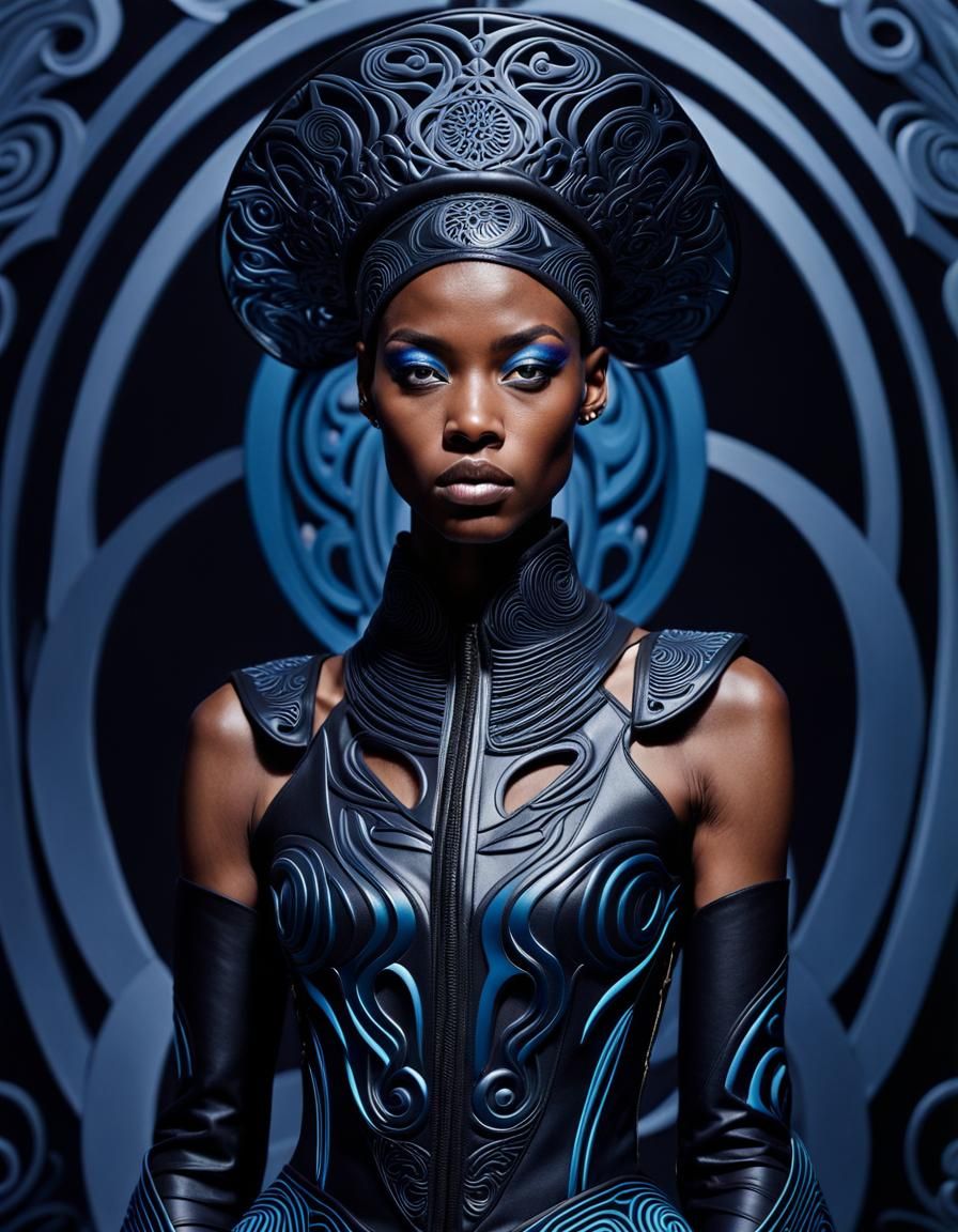 Model in Avant-Garde Fashion in Surreal Dreamscape