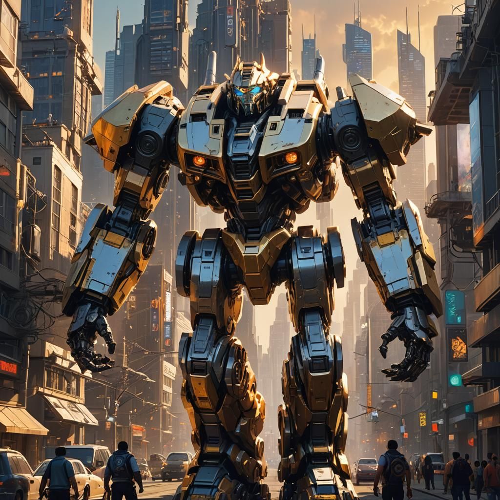 Colossal Mech God in Futuristic Cityscape