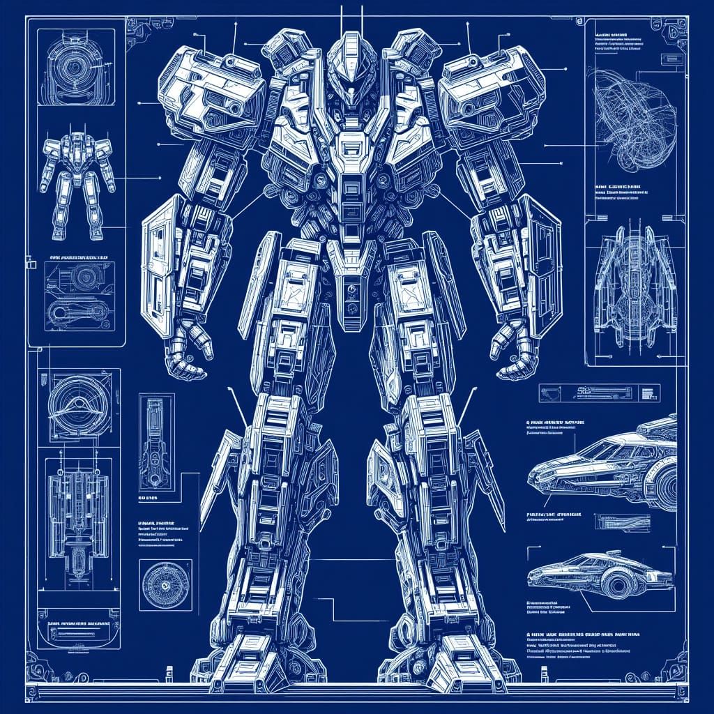 Mecha Blueprint Diagram in Contrasting Line Art