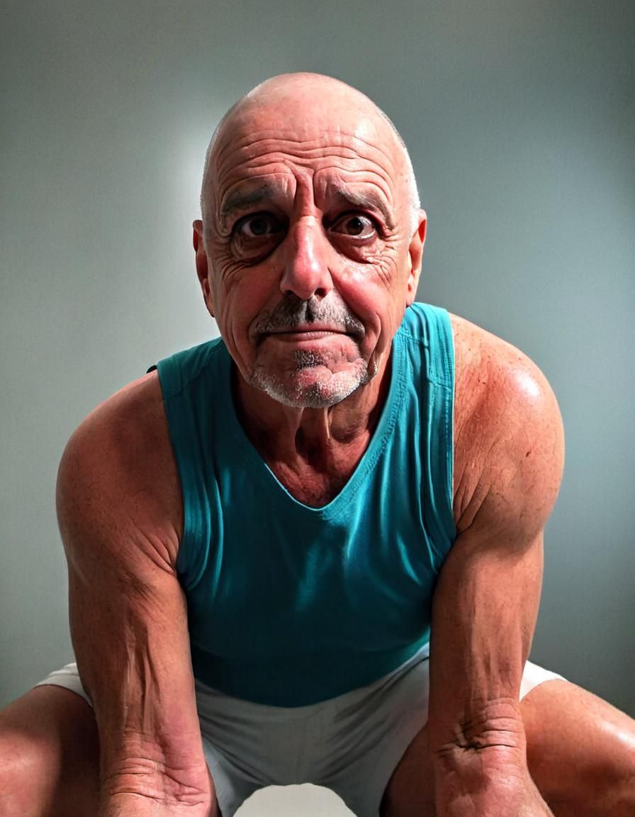 Overweight Gym Trainer Posing in Brightly Lit Room