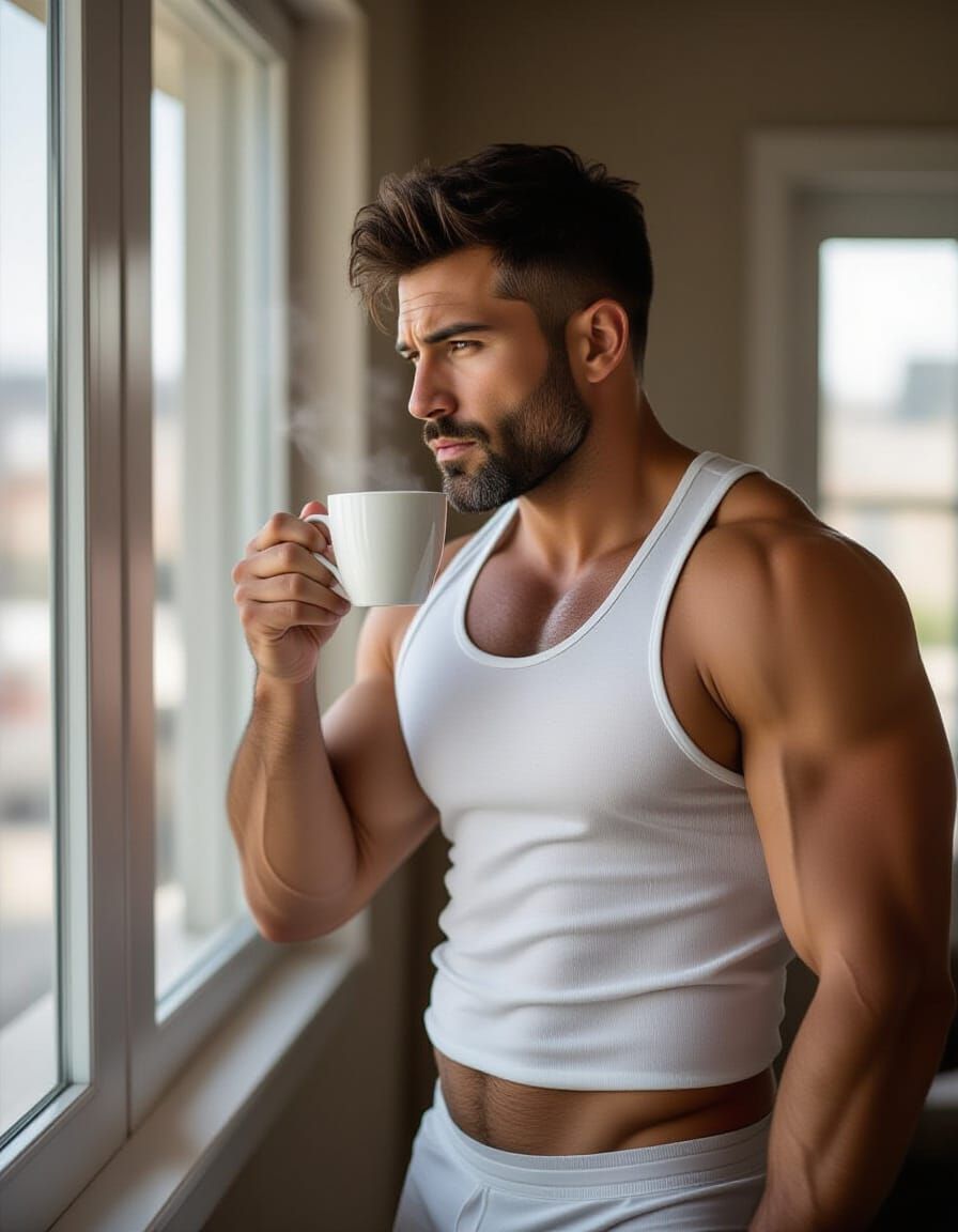 Photorealistic image of a burly,muscular Latino man.   Hairy...