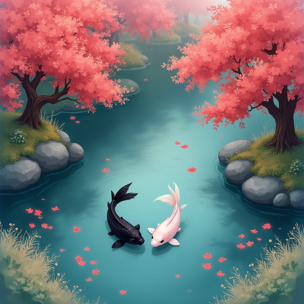 Koi in Serene Lake with Pink Trees, Watercolor Style