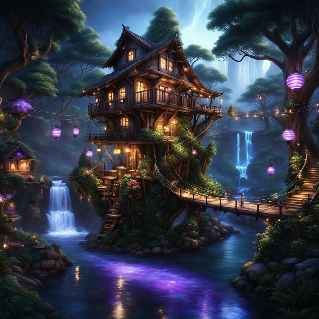 Enchanted Treehouse with Bioluminescent Mosquitoes, Dark Fan...