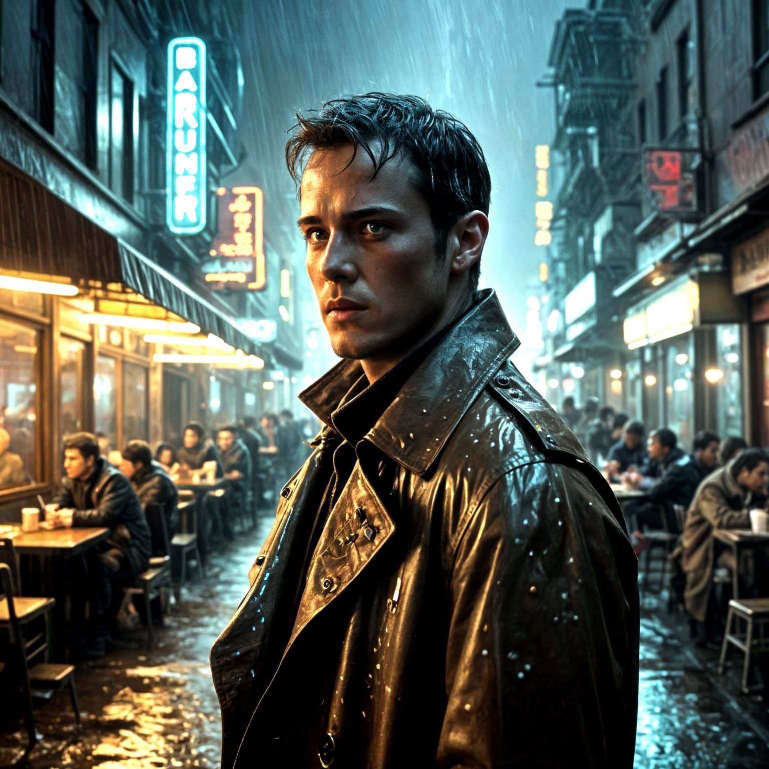 Cyberpunk Cityscape: Portrait in Rainy Neon Night