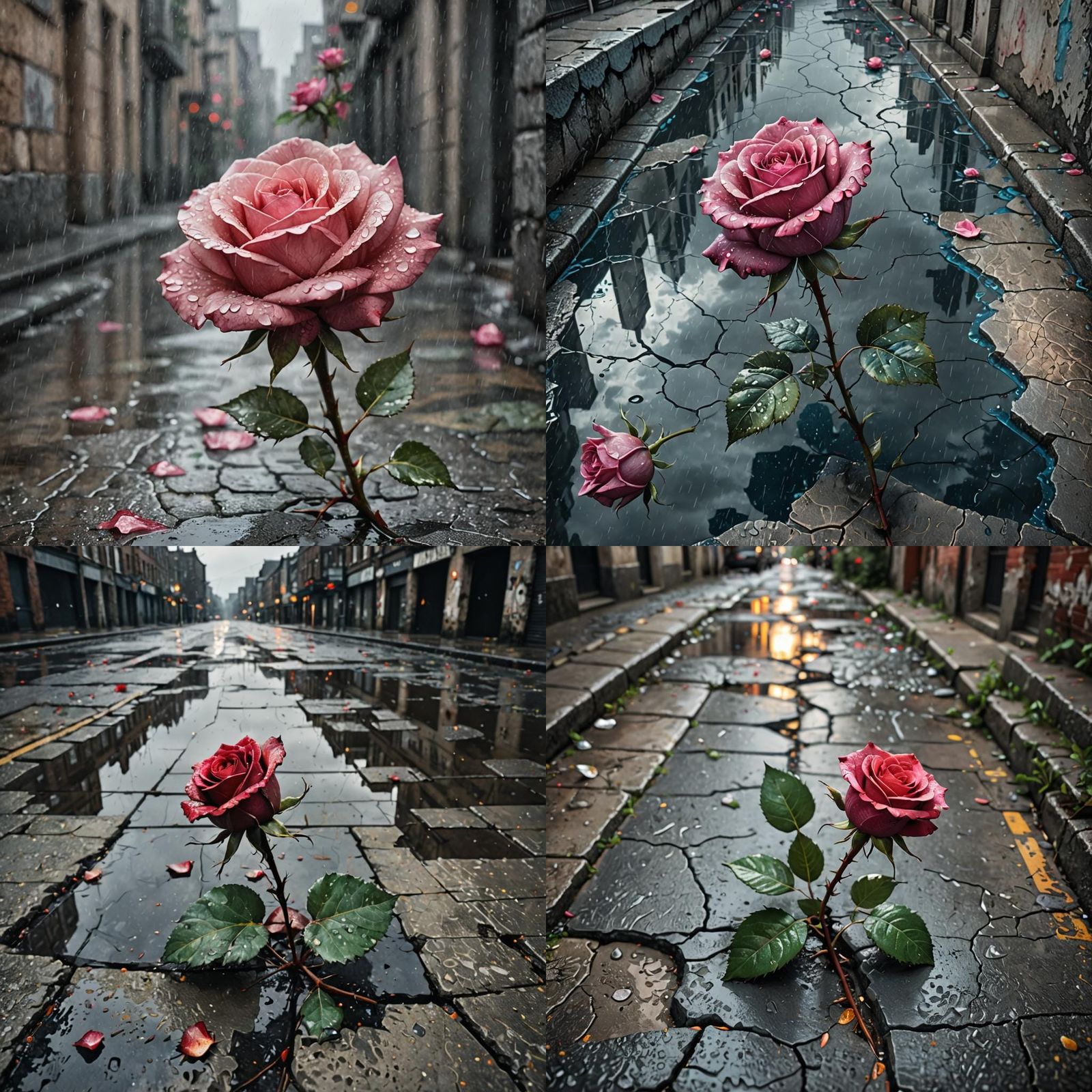 Rose Growing From Cracked Concrete in Rain