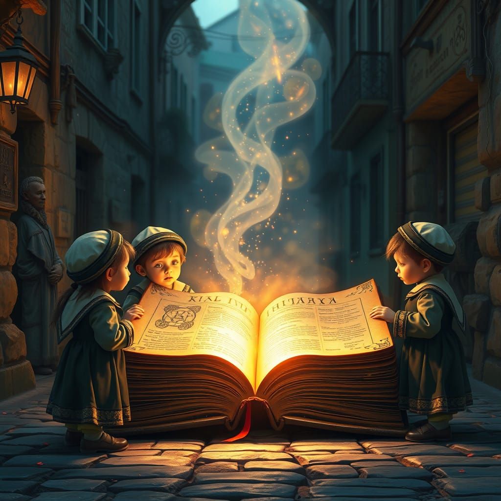 Dreamlike Street Scene with Ultra-Orthodox Children and Anci...