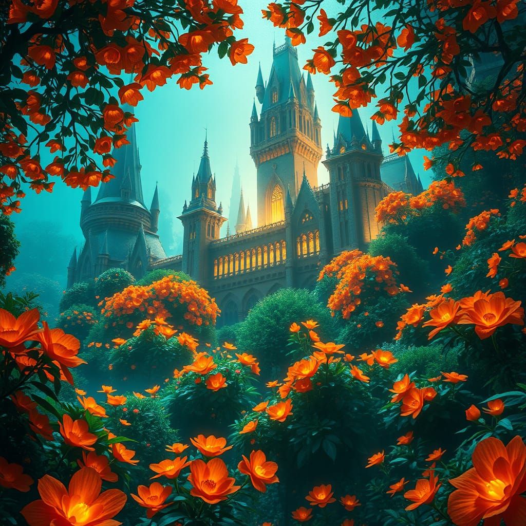 Majestic Castle Overgrown with Vibrant, Glowing Flowers in A...