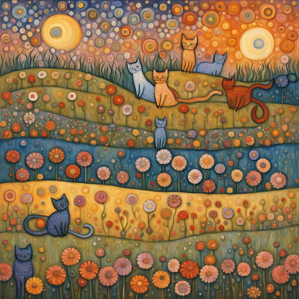 Cats Hovering Over Flowers in Ornamental Style