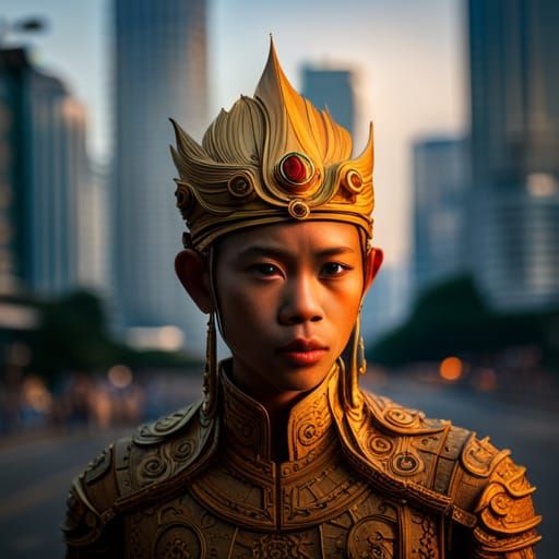 Sun Wukong Waits for Bus in Sci-Fi Bangkok