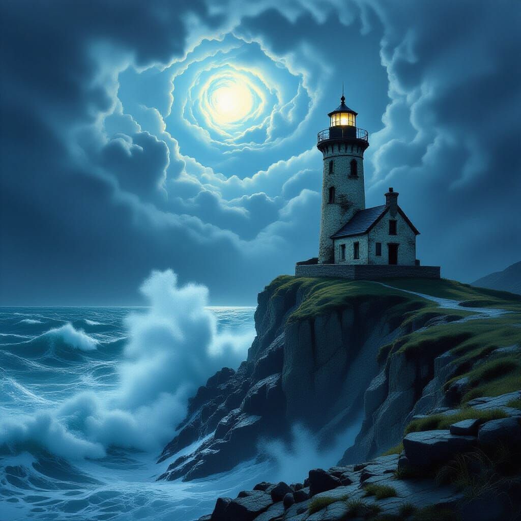 Stormy Lighthouse on Cliff Face