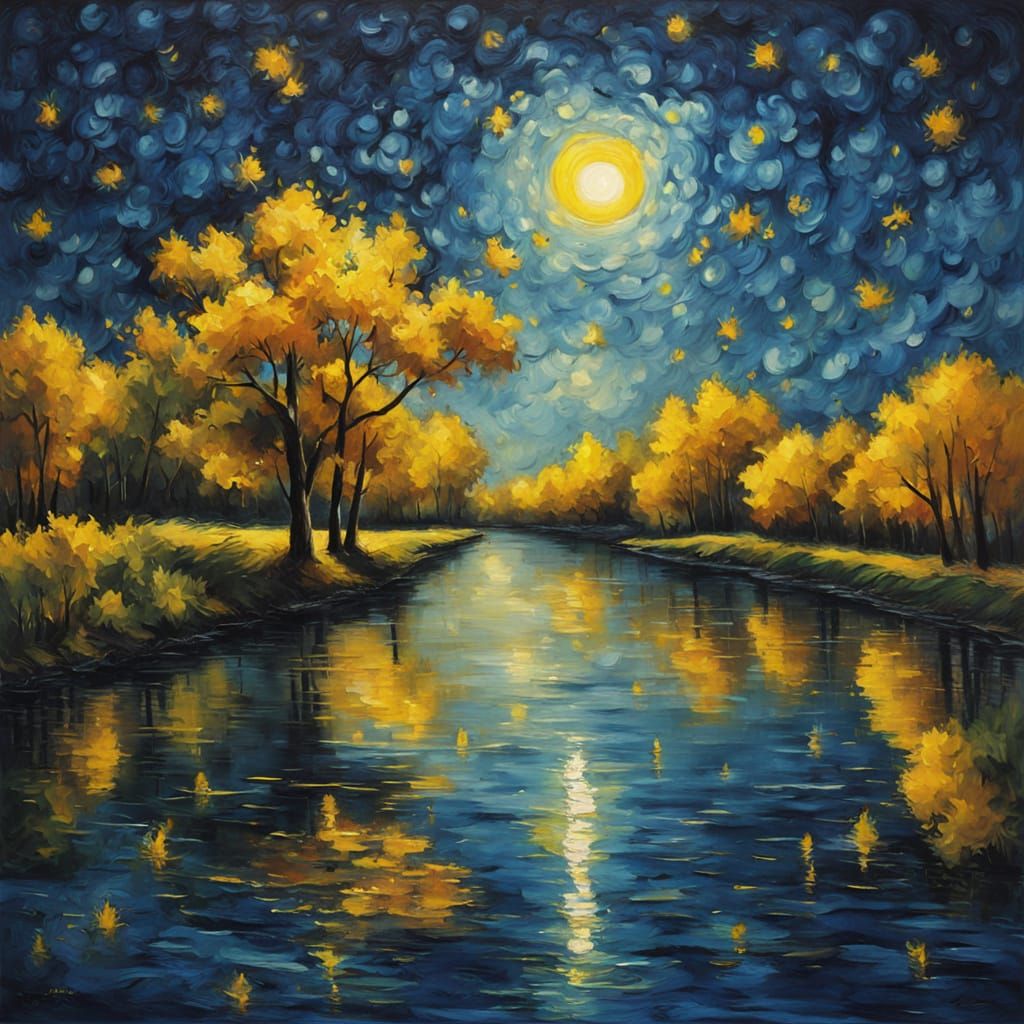 Post-Impressionist Night Sky Over Rural Canal