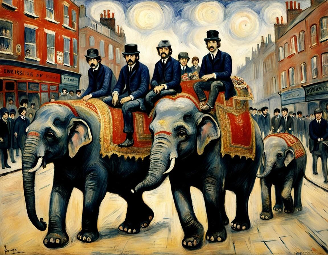 the beatles riding elephants in the streets of london