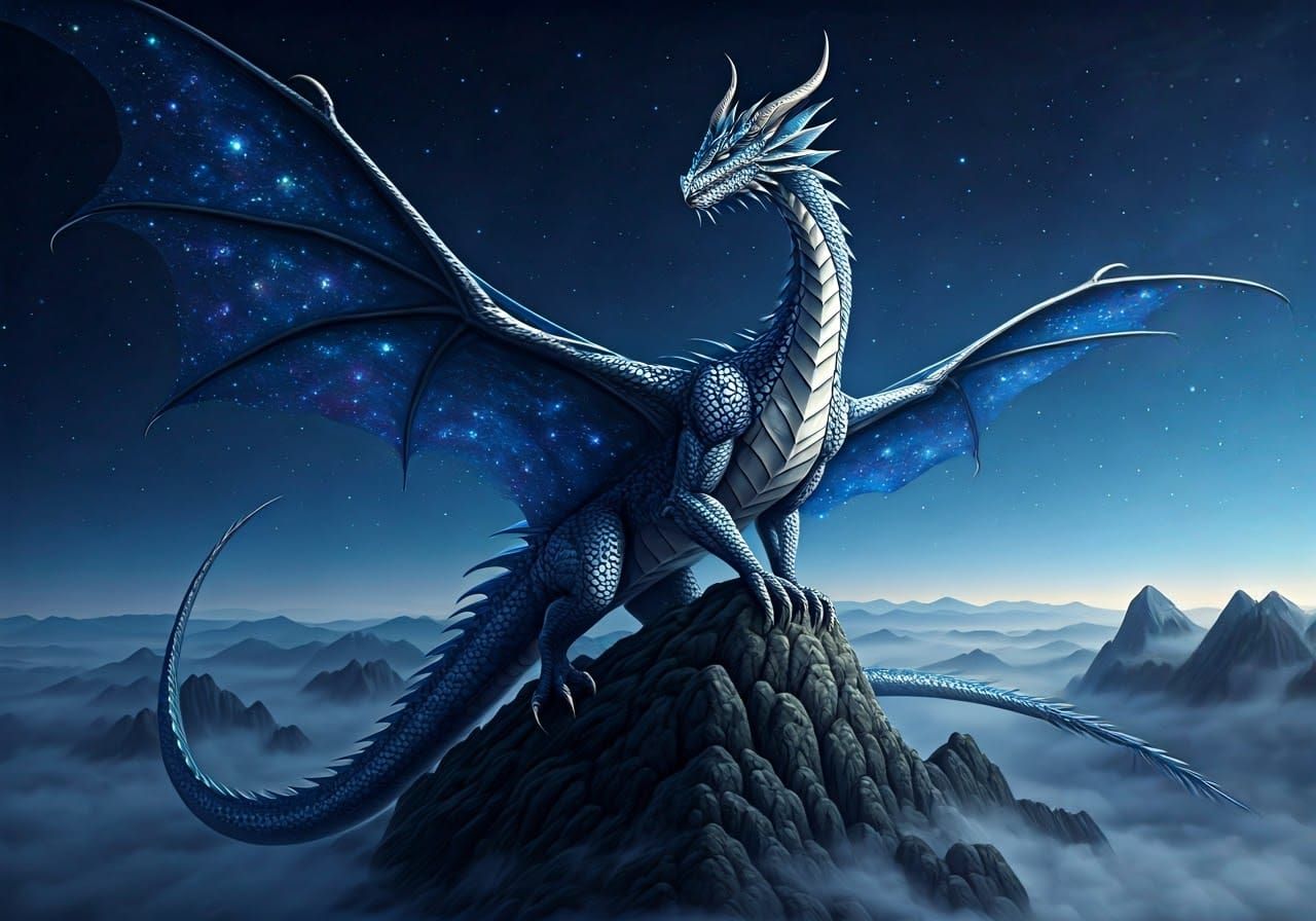 Celestial Starlight Dragon on a Misty Mountain Peak
