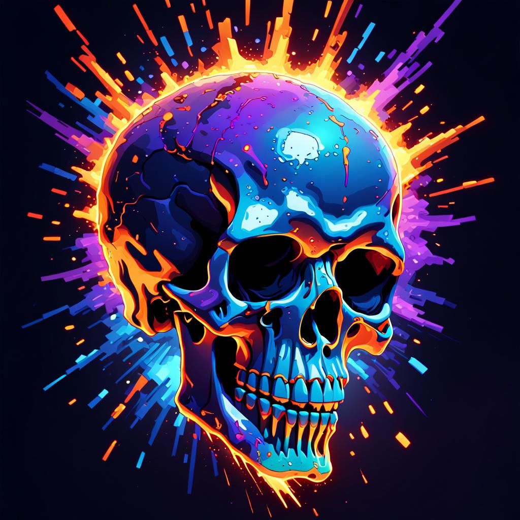 Pixel Art Skull with Pollock-Inspired Colors