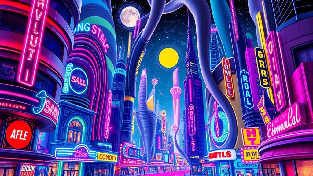 Surreal Toon Town Cityscape in a Cyberpunk-Futuristic Aesthe...