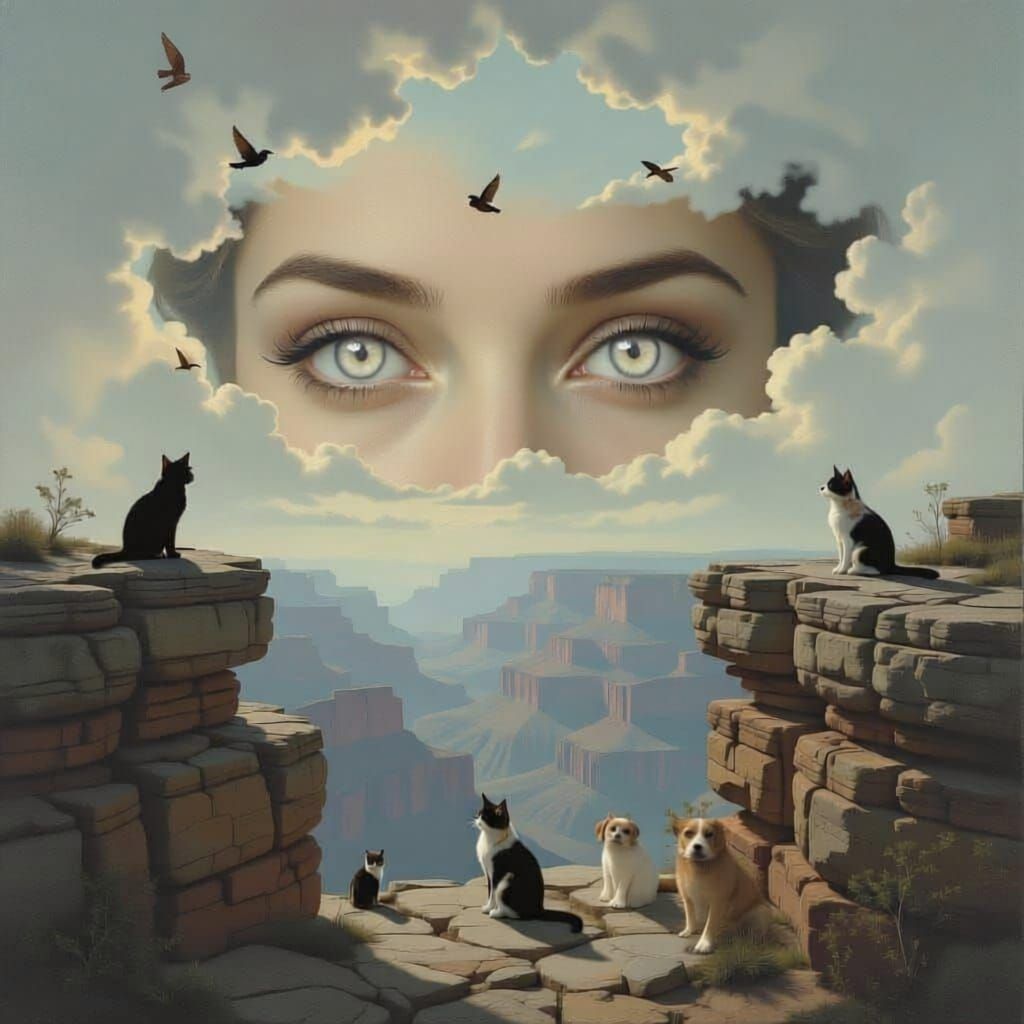 Layered Rocks with Animals and Moody Eyes in Impressionistic...