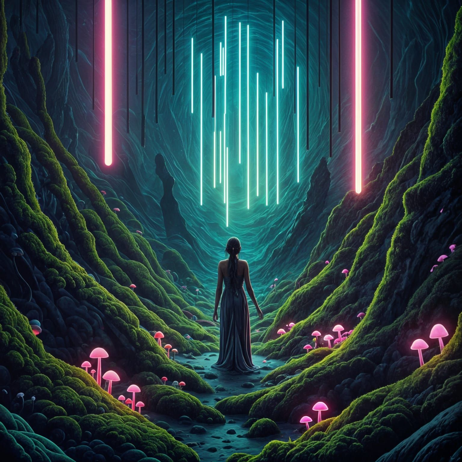 Surreal Luminous Moss and Neon Vortex, Salvador Dali Style