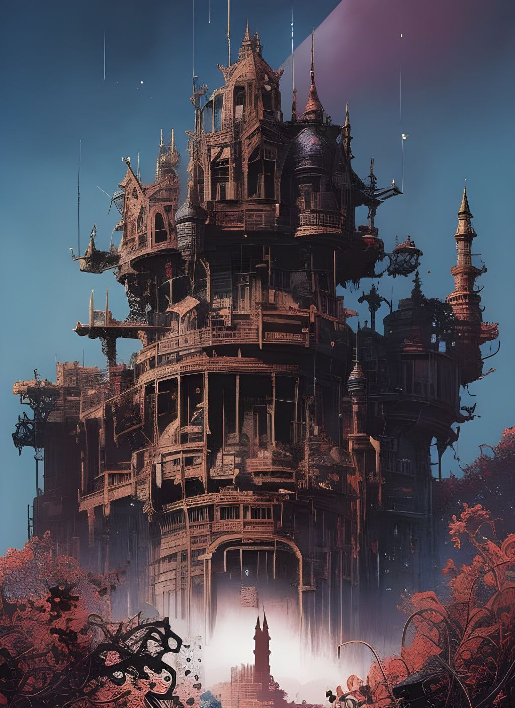 Dark Gritty Tower Watcher in Watercolor Splash Art